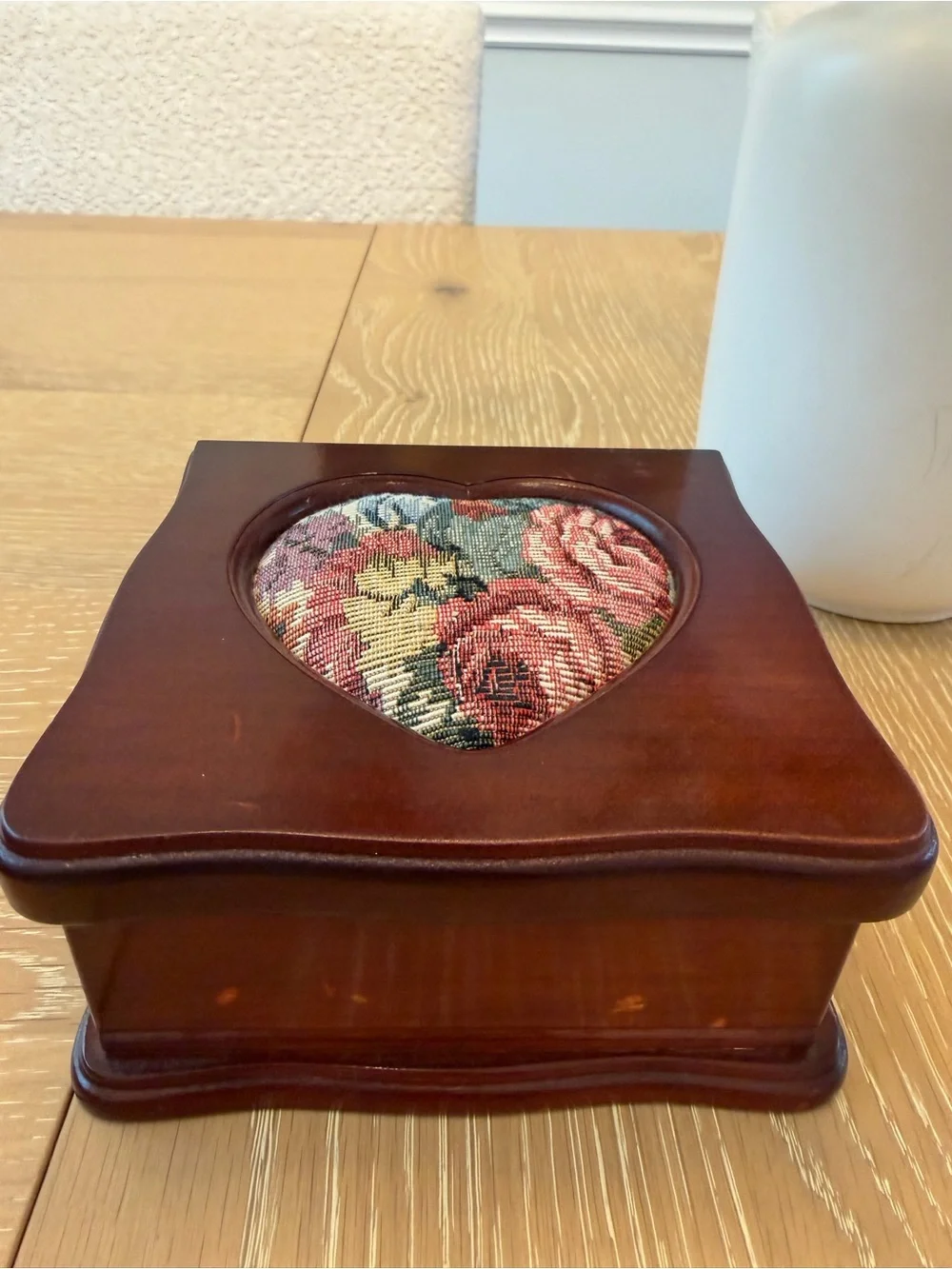 Heart-Top Wooden Jewelry Box with Floral Inset - Brown